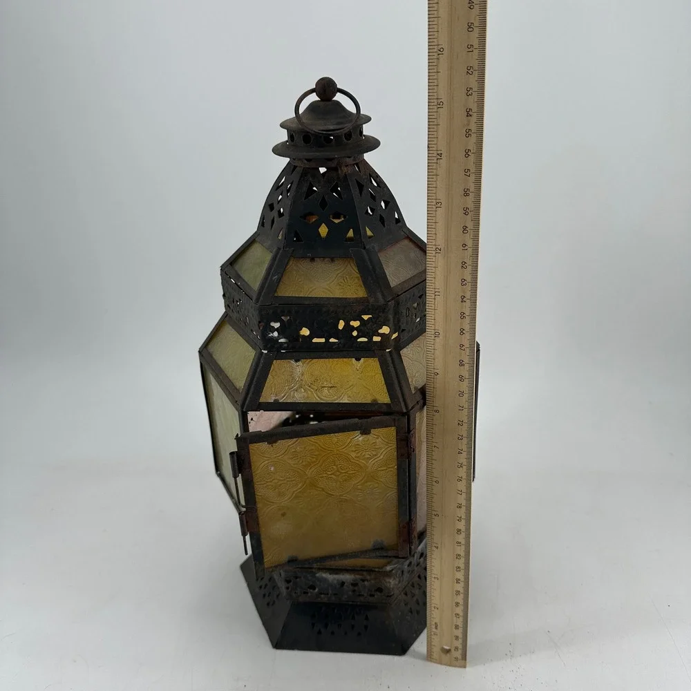 Vintage Moroccan Style Metal Glass Lantern Rusted Patina Amber Green Red Hexagon